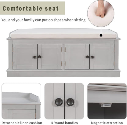 Storage Bench with 4 Doors and Adjustable Shelves, Shoe Bench with Removable Cushion for Living Room, Entryway 42.7" L x 16" W x 17.4" H (Gray Wash)