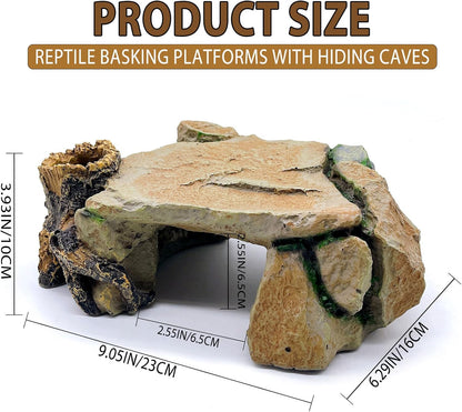 BNOSDM Reptile Hide Cave, Turtle Basking Platform, Terrarium Resin Rock Decor, Lizard Hideout Rocks Tank Accessories for Bearded Dragons, Snake, Leopard Gecko, Tortoise, Axolotls