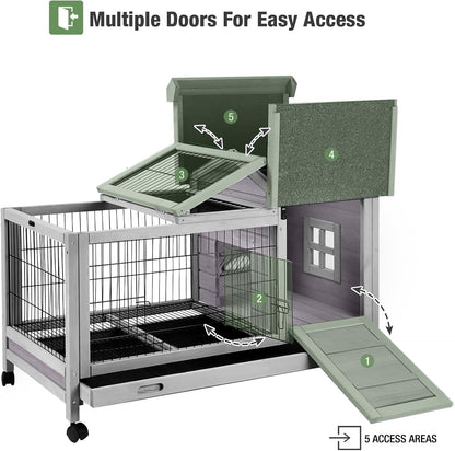 Wooden Rabbit Hutch Indoor and Outdoor, Rabbit Cage with Removable Wire Netting and Leak Proof Tray, Mobile Bunny Cage with Wheels