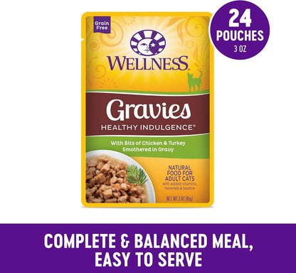 Wellness Healthly Indulgence Gravy Adult Wet Cat Food, Natural, Protein-Rich, Grain Free, 3 Ounce Pouch, 24 Pack, (Chicken & Turkey)