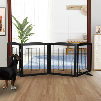 ZJSF Freestanding Dog Fence Indoor, Foldable Dog Gate for Doorways, Stairs or Hallways, Sturdy Wood Extra Wide Pet Gate with Support Feet for The House, Black, 24 "Height-4 Panels