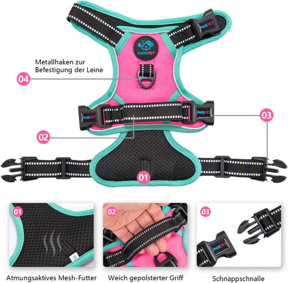 PHOEPET 2019 Upgraded No Pull Dog Harness, Reflective Adjustable Vest, with a Training Handle + 2 Metal Leash Hooks+ 3 Snap Buckles +4 Slide Buckles(XS, Pink)