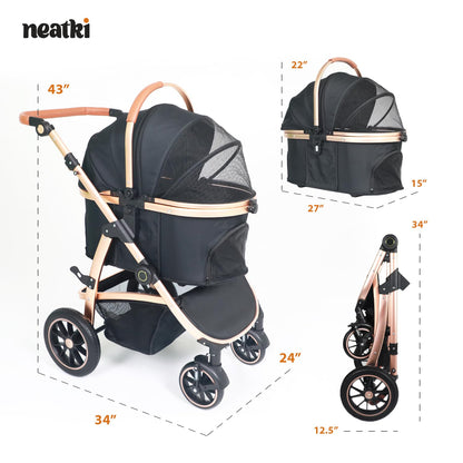 3 in 1 Pet Stroller - Stroller for Small to Medium Dogs and Cats up to 55 lbs, with Detachable Carrier/Car Seat, Foldable and Lightweight, Detachable Cushion + Cup Holder (Black/Gold)