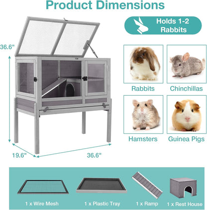 Guinea Pig Cage with Wooden Stand,Indoor Rabbit Hutch with 2 Stories,Hamster Cage with Anti Chew Ramp,Hideout, Platform, Pull Out Tray (Grey)