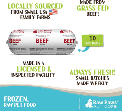 Raw Paws Signature Blend Pet Food for Dogs & Cats - Beef Recipe, 1-lb Rolls (10 Pack) - Fresh Pet Food Made in USA, Grass-Fed Beef Log, Natural Dog Food Rolls, Raw Frozen Dog Food & Cat Food
