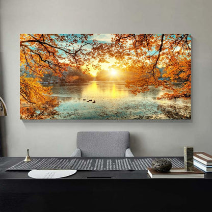 Yxbhhym-Landscape Tree Canvas Wall Art Fall Forest Sunset Wall Decor Poster Lake Water Pictures for bedroom wall décor Natural Scenery Paintings Artwork Large Living Room Decor Home Office Decoration
