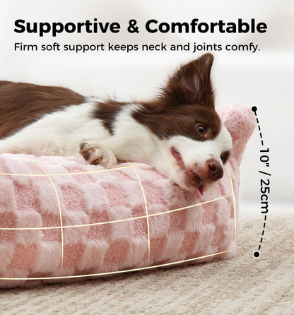 Made4Pets Cat and Dog Couch Bed, Soft Faux Fur Checkered Pet Sofa, Cozy Fluffy Pet Sofa with Supportive Foam, Removable Washable Cover with Non-Slip Base, Pink, Medium