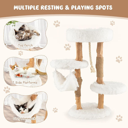 Tangkula Cat Tree Tower, Solid Wood Modern Cat Tower with Cozy Top Perch, 2 Platforms & 1 Hammock, Natural Branch Cute Cat Tree with Scratching Posts & Sisal Rope for Indoor Cats