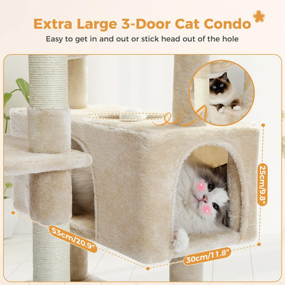 PAWZ Road Large Cat Tree, 72 Inches Cat Tower for Large Cats, Cat Condo with Sisal-Covered Scratching Posts and Pads, 2 Padded Perch, Dual Condo and Basket for Indoor Cats-Beige