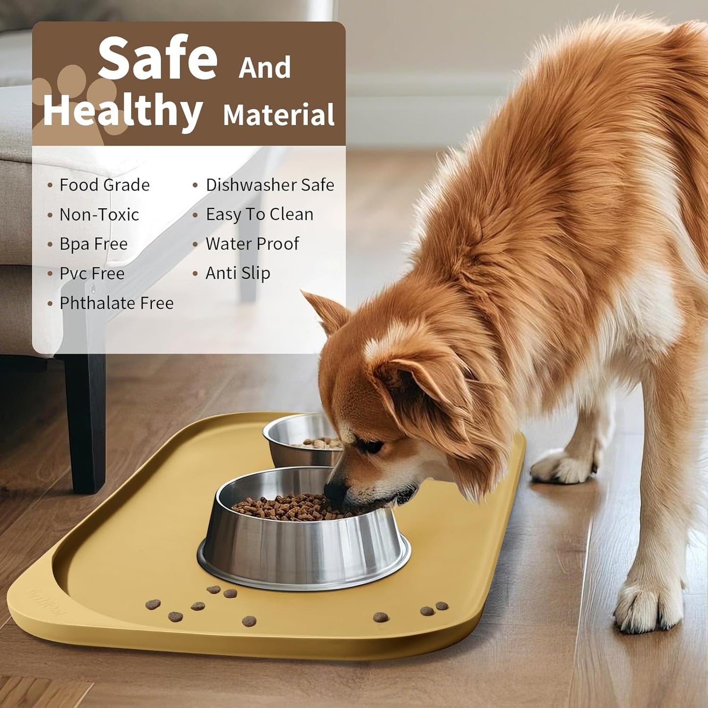 Silicone Pet Feeding Mat with Raised Edge & Residue Collection Pocket for Food and Water, Dog Bowl Mats, Cat Bowls Placemat with High Lip for Floor Waterproof, 22 x 14 x 0.8 Beige