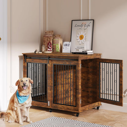 IchbinGo Large Dog Crate Furniture, 47" Wooden Dog Kennel with Sliding Barn Door, Flip-Top Lid & Wheels, Indoor Pet Crate Table with Detachable Divider for Small/Medium/Large Dogs (Rustic Brown)