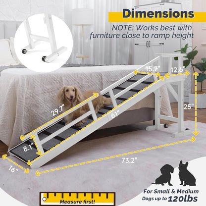 Dog Ramp for Bed or Couch, Wooden Pet Ramp with 20° Gentle Slope, Removable Side Rails, Non-Slip Surface, Top Platform & Wheels, Safe Bed Ramp for Small, Medium & Senior Dogs, 74" Long, White