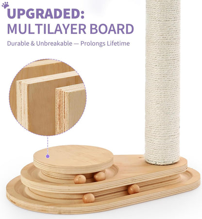 Made4Pets Cat Scratching Post Cat Scratcher Kitten Toys for Indoor Cats Wooden Ball Track Two-Layer Modern Sisal 17.7" Tall Scratch Post Interactive Toy with Dangling Ball
