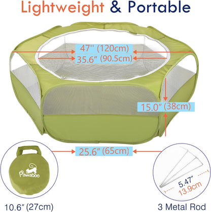 Pawaboo Small Animals Playpen, Waterproof Small Pet Cage Tent with Zippered Cover, Portable Outdoor Yard Fence with 3 Metal Rod for Chick/Kitten/Puppy/Guinea Pig/Rabbits/Hamster/Chinchillas,Green