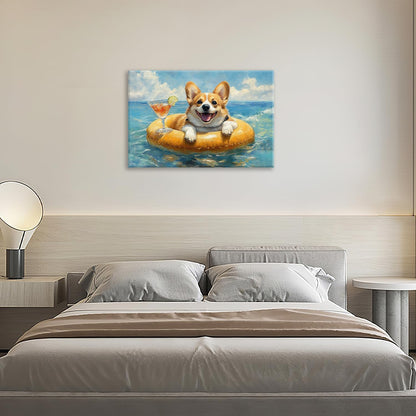 Ocean Funny Corgi Dog Pictures Wall Art, Bathroom Cute Dog Wall Decor Sea Coastal Framed Painting Beach Canvas Artwork for Bathroom Bedroom Living Room Decorations 24"L x 16"W