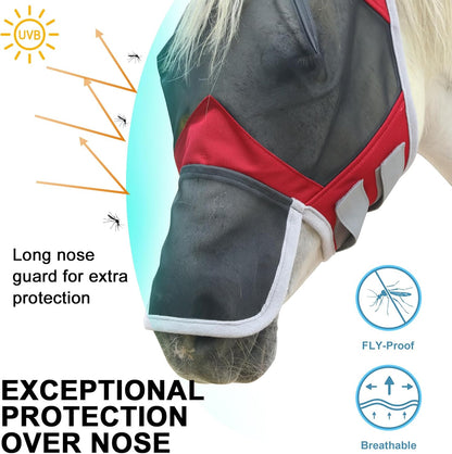 Horse Fly Mask with Ears & Long Nose Cover | Forelock Opening for Tangle-Free Mane Care | UV Protection & Breathable Mesh | No Rub Fit and Enhanced Visbility for Trail Riding Red Full