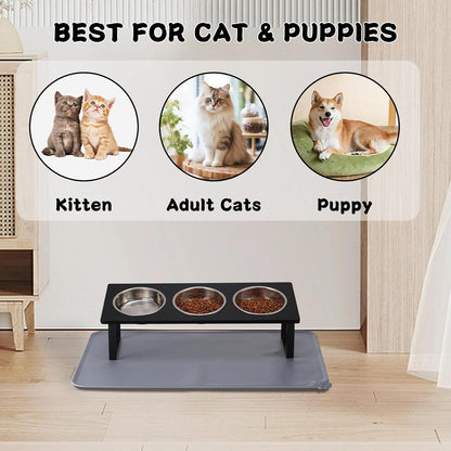 Upgraded Elevated Cat Bowls with Food Mat,15°Tilted Stand Anti Vomiting Raised Cat Dishes for Food and Water,3 Stainless Steel Bowls for Cats and Puppy（Black）