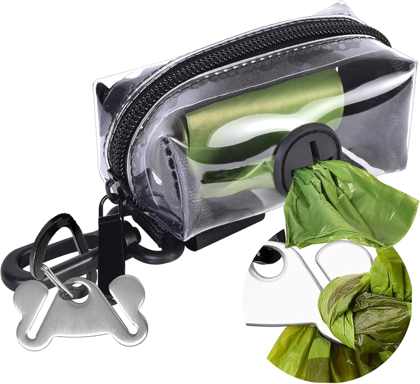 Clear Metal Dog Waste Bag Dispenser & Holder - Portable, 1 Hand Free, Fits Leash Accessory, Set Includes Dog Poop Bags