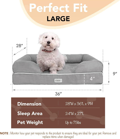 Chester Large Dog Bed - Orthopedic Memory Foam Mattress, Calming Couch, Wall Rim Pillow, Water Resistant, Washable Cover, Non-Slip, Khaki Beige