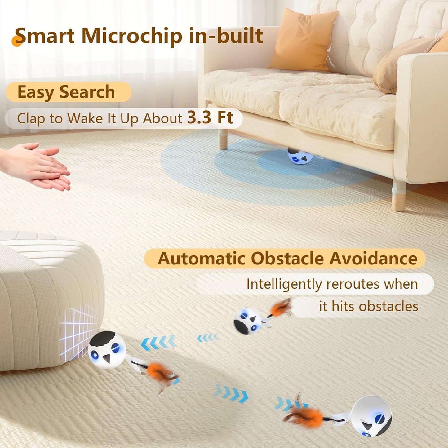 ORSDA Cat Ball Toys, Interactive Cat Toy for Indoor Bored Indoor Cats Kitten Toys, Automatic Electric Bird Moving Ball Toy, 4 Mode Voice & Touch Control Rolling Chirping Stimulating, 2 Feather Tails