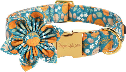 Unique style paws Halloween Dog Collar with Flower Tie Pumpkin Cotton Collar Adjustable Puppy Collar for Small Medium Large Dogs-XL