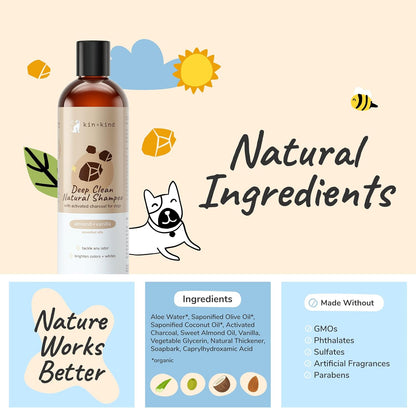 kin+kind Dog Shampoo - Deep Clean, Dirt & Odor Remover w/Activated Charcoal for Dogs, Gentle Formula w/Natural Aloe, Olive Oil & Coconut Oil, Pet Care & Grooming Products, Almond & Vanilla, 12 fl oz