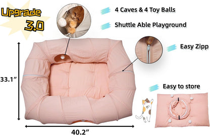 XxingSheep 4 Ways Shuttled XL Cat Tunnel Bed for Indoor Cats Peekaboo Cat Cave Donut with Cool Mat (Pink)