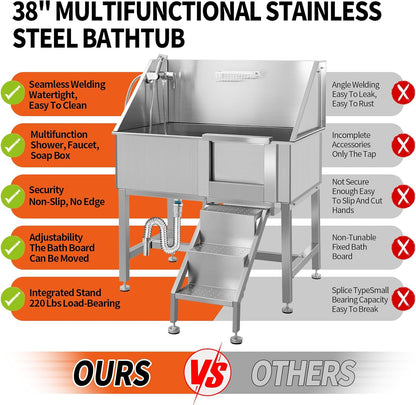 38 Inch Dog Bathing Station for Large Dogs, Stainless Steel Dog Pet Washing Station, Professional Dog Grooming Tub, Pet Wash Bath Station,Right Door