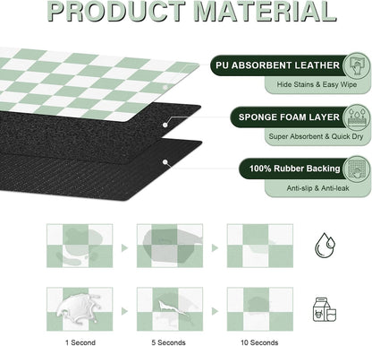 Cat Food Mat - 12"x 20" Cat Dog Mats for Food and Water Bowl, Checkered Pet Placemat Feeding Mat, Non-Slip Under Pet Bowls Mats for Messy Drinkers, Green & White