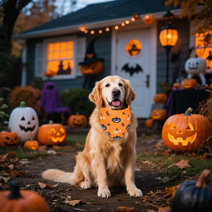 Halloween Dog Bandana for Large Dogs - Reversible Orange Jack-o-Lantern & Spiderweb Print Scarf - Soft & Quick-Dry for Costume Parties