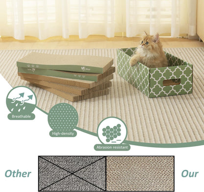 MECOOL Cat Scratching Board，5PC Cat Scratch Pad with Box，Reversible Corrugated Cat Scratcher Cardboard and Lounge Bed for Indoor Cats, Catnip
