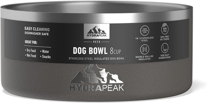 Hydrapeak Dog Bowl; Non Slip Stainless Steel; Water and Food Dish; Large Sized and Small Dogs; 32oz 64oz; Multiple Sizes | 8 Cup | Graphite