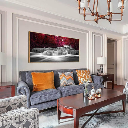 Lasdel Natural Extra Framed Canvas Wall Art of Wide Waterfall & Red Leaves Picture For Bedroom,Burgundy Nature Black White Artwork Decor,Beautiful Maple Leaves Landscape Print Painting,30x60