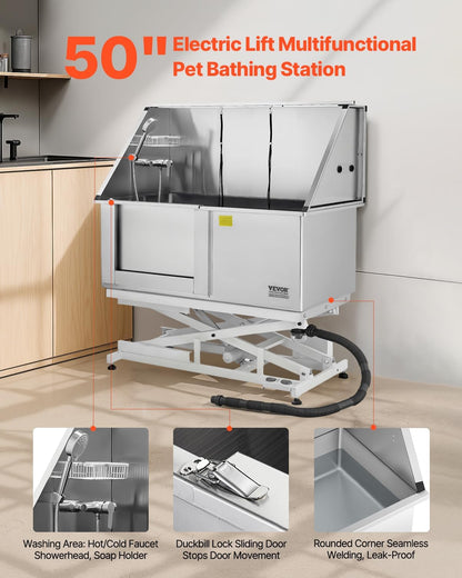 VEVOR Electric Lift Dog Washing Station, 50 inch Professional Stainless Steel Pet Grooming Tub w/PE Water Filter Board, Faucet & Showerhead Dog Bathtub Washing Sink for Multiple Pets (Left Door)