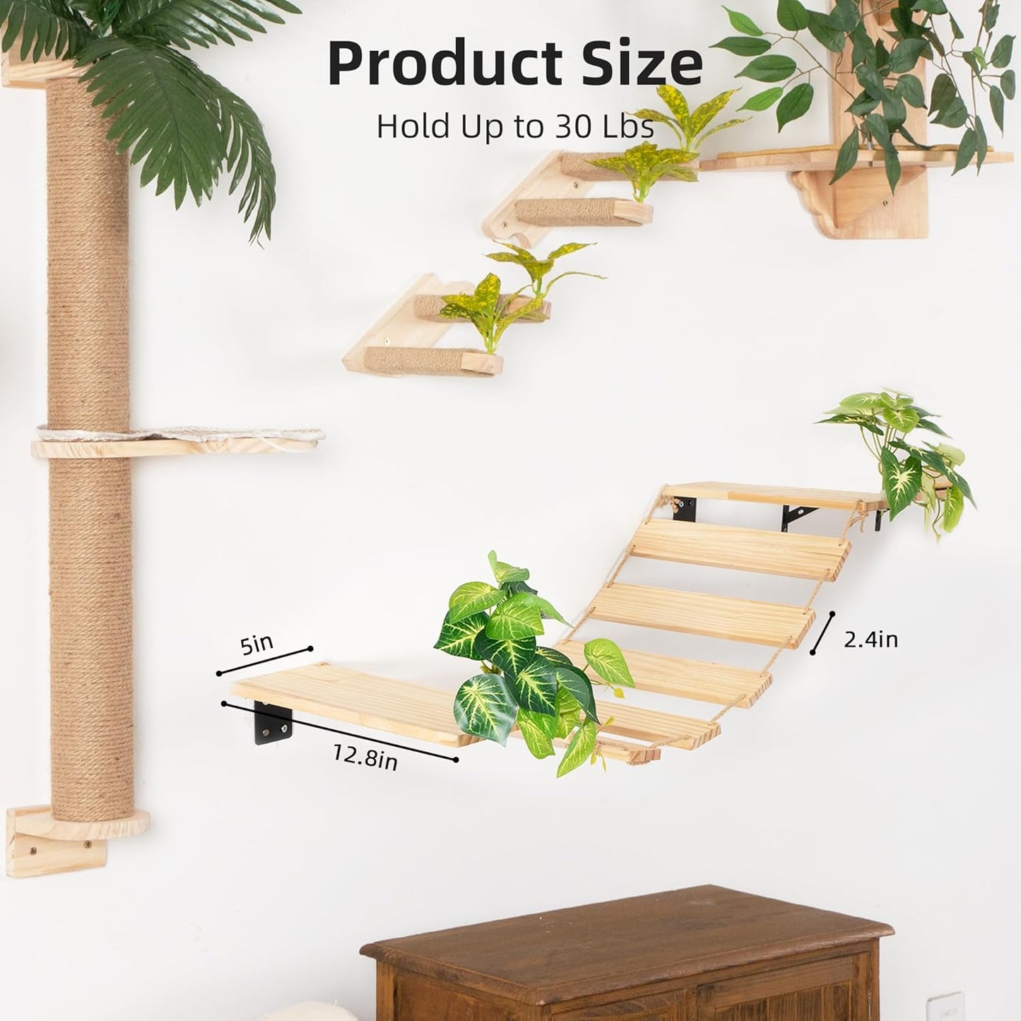 Meowoou Cat Bridge Wall Mounted, Rope Bridge for Climbing, Ladder for Indoor Cats, Cat Wall Furniture for Sleeping, Large Cats Steps Bed and Perches