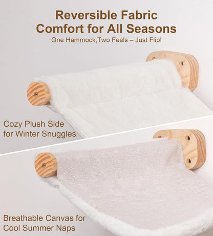 Cat Wall Hammock Shelves, Dual-Sided Cat Bed with Canvas & Plush Fabric, Wall Mounted Shelf for Large Cats, Space-Saving Perch for Lounging & Napping