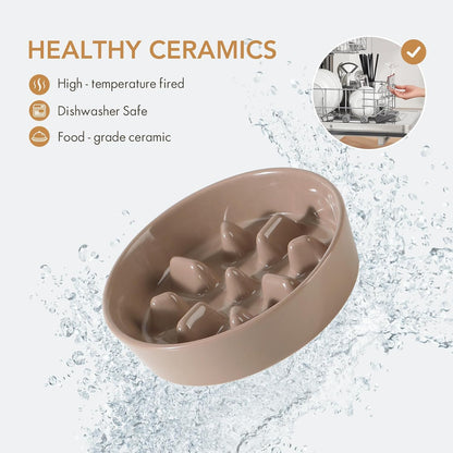 7.3inch Ceramic Dog Raised Slow Feeder Set, Elevated Bowl with Wooden Stand for Medium and Small Dog, Slow Feeder Dish for Fast Easters(Brown Coffee, Single Bowl+ Stand)