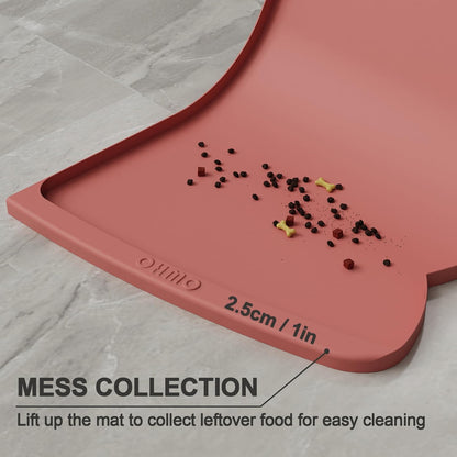 OHMO Dog Food Mat(Erythrinus, 24 * 15'') w/Residue Collection Pocket Silicone Pet Feeding Mat for Floor High Edges Anti Spills Waterproof Cat Water Bowl Tray, Easy Clean Placemat