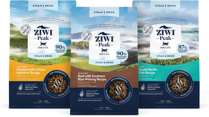 ZIWI Peak Steam & Dried Cat Food Bundle – High Protein, Skin and Coat Health, Low Carb, for All Lifestages (1.8lb Bags of Beef, Chicken and South Pacific Fish Recipes)