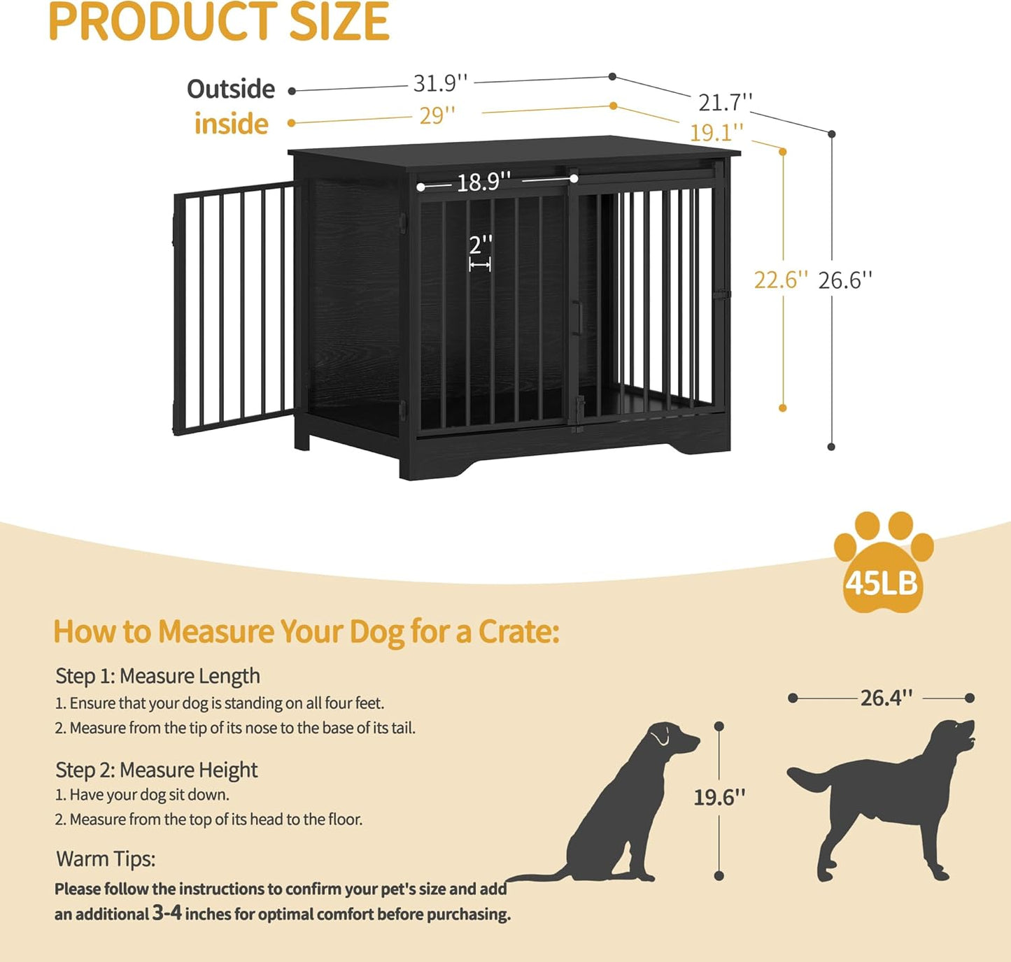 31.9" Dog Crate Furniture with Barn Door, Heavy Duty Dog Kennel Indoor with 2 Doors, Wooden Pet Cage End Table for Small Medium Dogs up to 44 lb, Anti-Chew Anti-Escape, Black DFC83604B