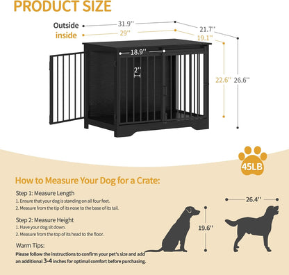 31.9" Dog Crate Furniture with Barn Door, Heavy Duty Dog Kennel Indoor with 2 Doors, Wooden Pet Cage End Table for Small Medium Dogs up to 44 lb, Anti-Chew Anti-Escape, Black DFC83604B