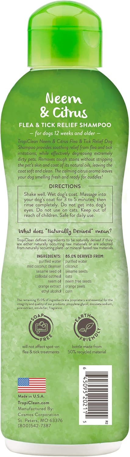 TropiClean Citrus Flea & Tick Shampoo for Dogs, Soothing Bite Relief, Fresh Citrus Scent, Made in the USA, 20oz.