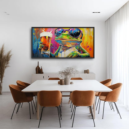 Large Graffiti Frog Wall Art for Living Room, Framed Oversized Funny Frog Beer Wall Decor Colorful Animal Canvas Painting Modern Artwork for Bathroom Bedroom Office Dining Room 60"x30"