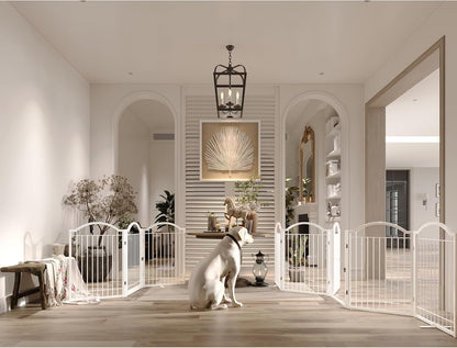 BHG Metal No-Assembly Freestanding Dog Gate with Door Walk Through, Extra Wide 120", Extra Tall 32" Pet Gate, Accordion Puppy Folding Playpen Dog Fence, with 2PCS Support (White, 5 Panels)