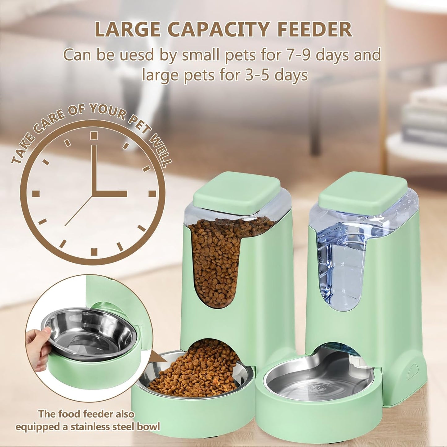 Automatic Cat Feeder and Water Dispenser with Stainless Steel Bowl Dog Gravity Food Feeder and Waterer for Small Medium Pets Puppy Kitten 1 Gallon x 2