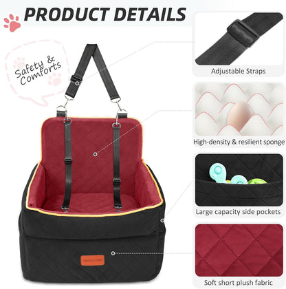 Dog Car Seat for Small Medium Dogs, Memory Foam Puppy Dog Booster Seat with Thick Cushion for Dogs Under 35lbs, Detachable Washable Pet Car Seat Travel Bed with Storage Pockets,2 Safety Belts