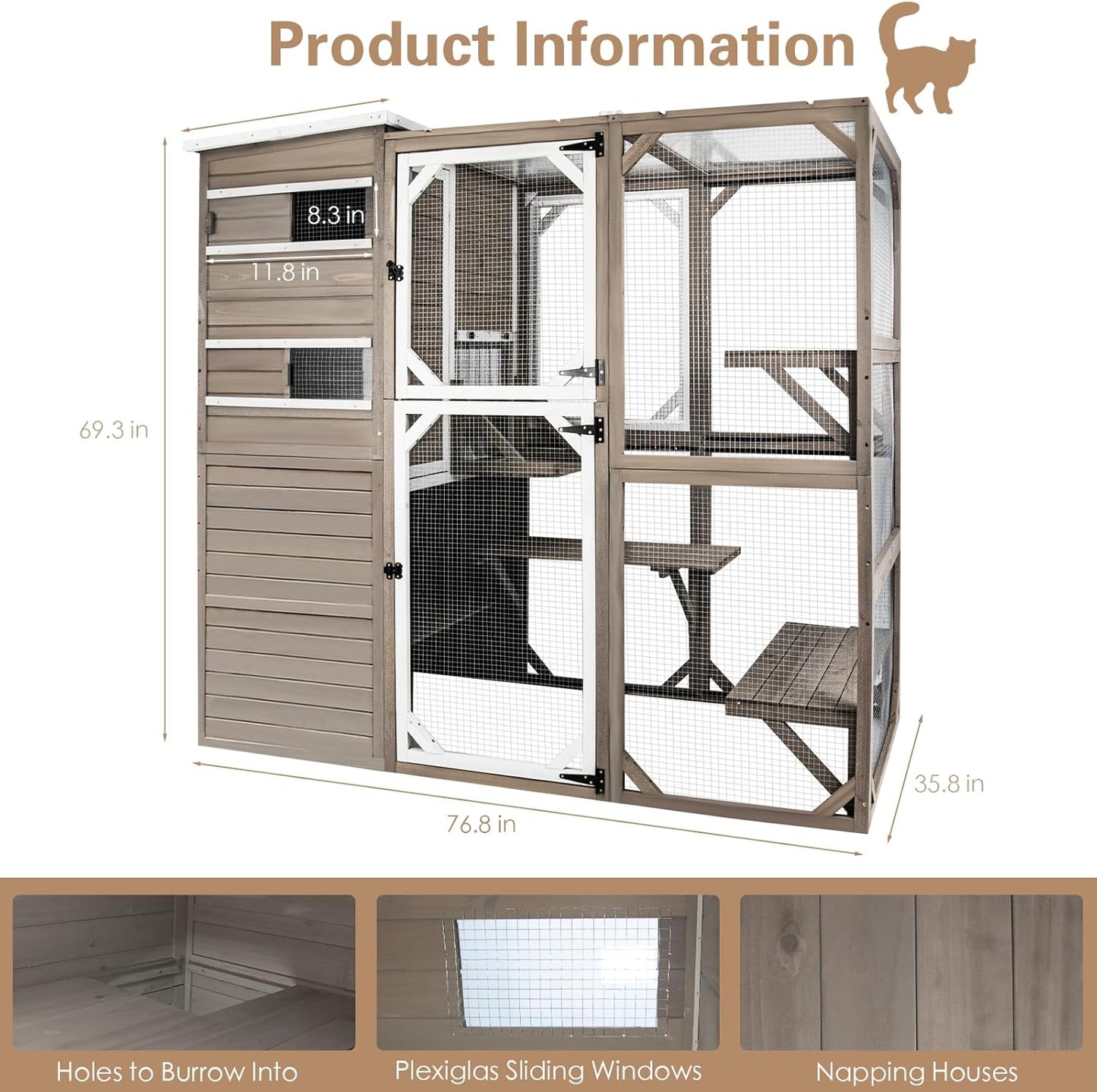 Catio Outdoor Cat Enclosure, Large Cat House Cat Cage Condo Indoor Playpen Kitty Shelter with Multi-Level Platforms, Waterproof Roof, Pull-Out Tray, and 2 Resting Boxes