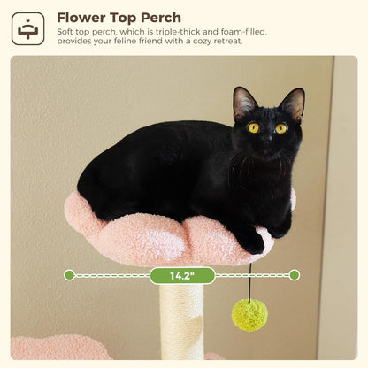 Flower Cat Tree, 62-Inch Tall Multi-Level Cat Tower with Scratching Posts for Large Indoor Cats, Plush Bed w/Padded Perches, Scratching Pad & 2 Green Pompoms, Pink