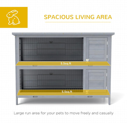 PawHut 54" 2-Story Large Rabbit Hutch Bunny Cage Wooden Pet House Small Animal Habitat with Lockable Doors, No Leak Tray and Waterproof Roof for Outdoor/Indoor Grey