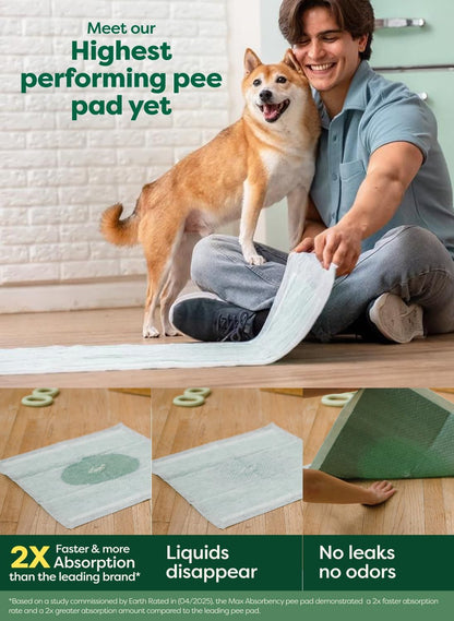 Earth Rated Max Absorbency Puppy Pee Pads for Dogs Absorbs 2X Faster & 2X More, Leak-Proof Odor-Free Potty Training Wee Wee Pad, Unscented, Large, 22” x 23”, 75 Count